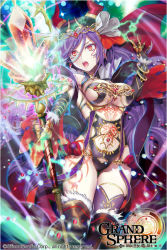 Rule 34 | 1girl, arm up, bare shoulders, boots, bracelet, breasts, circlet, company name, copyright name, crystal, earrings, elbow gloves, electricity, gloves, glowing, glowing weapon, grand sphere, holding, holding weapon, jewelry, kuroi nyan, large breasts, long hair, navel, official art, open mouth, outstretched arm, purple hair, red eyes, revealing clothes, single thighhigh, solo, sparkle, staff, tattoo, thigh boots, thighhighs, thighs, weapon