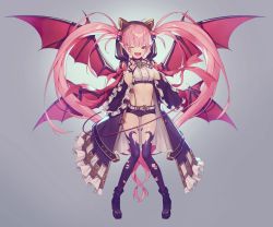 Rule 34 | 1girl, absurdres, ahoge, animal ears, belt, black footwear, blush, bow, de nim, demon girl, demon tail, demon wings, fake animal ears, fang, fingernails, frilled footwear, frilled sleeves, frills, gradient background, hands on own face, heart, heart hair, highres, hood, hood up, long hair, long sleeves, multiple wings, nail polish, navel, one eye closed, open mouth, original, pink hair, pointy ears, purple legwear, red bow, red eyes, red nails, red tail, solo, tail, tongue, torn, torn clothes, torn legwear, twintails, very long hair, white belt, wide sleeves, wings