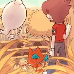 Rule 34 | 10s, 1boy, amano keita, belt, blurry, boots, bow, bowtie, brown hair, cat, chiyoko (oman1229), depth of field, closed eyes, flame-tipped tail, from behind, ghost, grass, haramaki, jibanyan, multiple tails, notched ear, outdoors, red shirt, shirt, short hair, snake, standing, tail, tree, tsuchinoko (youkai watch), tsuchinokopanda, two tails, watch, whisper (youkai watch), wristwatch, traditional youkai, youkai watch, youkai watch (object), youkai watch 2