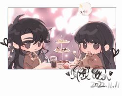 Rule 34 | 2girls, black hair, border, brown eyes, brown shirt, chinese commentary, closed mouth, commentary request, creature, crossed arms, cup, cupcake, dated, drink, drinking glass, food, frown, genderswap, genderswap (mtf), heart, highres, ice, ice cube, kim dokja, long hair, long sleeves, looking at viewer, multiple girls, omniscient reader&#039;s viewpoint, plate, shin yoosung, shirt, sitting, table, white border, ya qaq, yoo joonghyuk