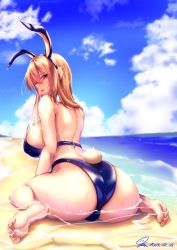 1girl animal_ears ass ass_focus back_cutout beach blonde_hair breasts clothing_cutout dripping feet from_behind highres kaede_acer kneeling large_breasts leotard looking_back original outdoors playboy_bunny rabbit_ears rabbit_tail red_eyes sideboob soles solo swimsuit tail thighs turning_head wet wet_clothes wet_swimsuit