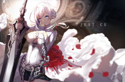 Rule 34 | 1girl, blue eyes, blurry, breasts, cleavage, copyright name, depth of field, dress, floating hair, flower, gloves, hair between eyes, hand on own chest, head tilt, highres, holding, holding sword, holding weapon, large breasts, long hair, looking at viewer, parted lips, red flower, red rose, rose, shaded face, short dress, sinoalice, snow white (sinoalice), solo, sword, untue, weapon, white dress, white gloves, white hair