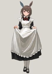 Rule 34 | 1girl, absurdres, admire vega (umamusume), alternate costume, animal ears, apron, black dress, black footwear, bow, bowtie, brown hair, closed mouth, collared dress, dress, full body, garoppui, grey background, highres, horse ears, light blush, long hair, long sleeves, looking at viewer, maid apron, purple eyes, raised eyebrows, red bow, red bowtie, shoes, simple background, skirt hold, solo, standing, umamusume