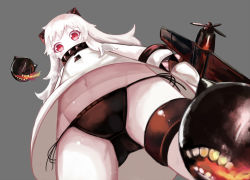 Rule 34 | 10s, 1girl, abyssal ship, aircraft, airplane, atg (wttoo0202), bad id, bad pixiv id, bikini, black bikini, black panties, covered mouth, cowboy shot, crotch, dress, foreshortening, from below, grey background, horns, kantai collection, long hair, looking at viewer, looking down, md5 mismatch, mittens, navel, northern ocean princess, pale skin, panties, red eyes, side-tie panties, sleeveless, sleeveless dress, solo, swimsuit, thigh strap, underwear, upskirt, white dress, white hair