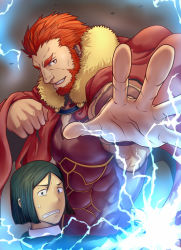 Rule 34 | 2boys, armor, beard, breastplate, cape, cleavage cutout, clothing cutout, f-una, facial hair, fate/grand order, fate/zero, fate (series), fighting stance, foreshortening, fur-trimmed cape, fur trim, glowing, green eyes, iskandar (fate), leather, lightning, looking at viewer, male focus, multiple boys, red eyes, red hair, short hair, upper body, waver velvet