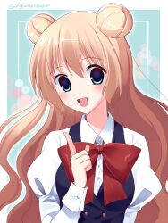Rule 34 | 1girl, :d, blue eyes, blue vest, bow, brown hair, collared shirt, commentary request, double bun, dress shirt, hair between eyes, hair bun, hand up, highres, index finger raised, juliet sleeves, long hair, long sleeves, looking at viewer, numbers (pigpenandpaper), open mouth, original, puffy sleeves, red bow, shirt, smile, solo, twitter username, upper body, very long hair, vest, white shirt
