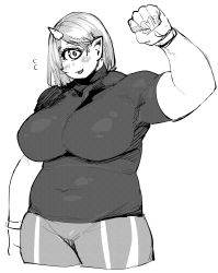 Rule 34 | arm at side, belly, big belly, blush, breasts, covered navel, cyclops, elf-san wa yaserarenai., fangs, fat, greyscale, highres, hitome (elf-san wa yaserarenai.), horns, huge breasts, looking at viewer, monochrome, monster girl, muscular, muscular female, navel, one-eyed, open mouth, parted bangs, plump, pointy ears, raised fist, shirt, single horn, solo, striped legwear, synecdoche, t-shirt, thick arms, thighs