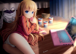 Rule 34 | 1girl, ahoge, ass, bag, bed, blonde hair, blue eyes, blush stickers, bowl, commentary, computer, cup, curtains, disposable cup, dkoro, drinking, english commentary, gabriel dropout, gabriel tenma white, highres, jacket, juice box, keyboard (computer), laptop, long hair, long sleeves, looking at viewer, looking back, lying, messy hair, mouse (computer), on floor, on side, panties, plastic bag, revision, signature, solo, thighs, track jacket, twitter username, underwear, video game, white panties, wooden floor