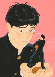 Rule 34 | 1boy, ball, basketball (object), black hair, black jacket, black pants, brown eyes, character doll, chengongzi123, chinese commentary, commentary request, gakuran, glasses, hands up, highres, holding, holding ball, in palm, jacket, kogure kiminobu, long sleeves, male focus, open mouth, pants, parted lips, pink background, pointing, pointing at self, round eyewear, school uniform, short hair, simple background, slam dunk (series), sparkling aura, upper body, very short hair