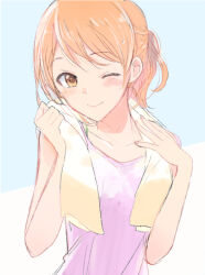 Rule 34 | 1girl, alternate hairstyle, blush, breasts, brown eyes, brown hair, closed mouth, collarbone, hands up, hojo karen, holding, holding towel, idolmaster, idolmaster cinderella girls, idolmaster cinderella girls starlight stage, long hair, looking at viewer, medium breasts, one eye closed, ponytail, purple shirt, shirt, sleeveless, sleeveless shirt, smile, solo, sweatdrop, teuyu, towel, two-tone background, upper body, yellow towel