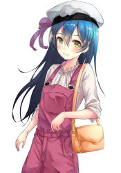 Rule 34 | 10s, 1girl, bad id, bad pixiv id, bag, blouse, blue hair, blush, brown eyes, cowboy shot, dress, grey hat, hair between eyes, hat, highres, long hair, looking at viewer, love live!, love live! school idol festival, love live! school idol project, overalls, shirt, simple background, smile, solo, sonoda umi, standing, white background, white shirt