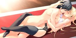 Rule 34 | 1boy, 1girl, aijou, belly-to-belly, blonde hair, blush, bra, bra lift, breast on chest, breast press, breasts, censored, couple, closed eyes, game cg, garter belt, hand in another&#039;s hair, hand on another&#039;s head, hetero, hip focus, imminent kiss, kiss, large breasts, leg lock, lingerie, long hair, lying, mikeou, miraroma, missionary, mosaic censoring, nipples, nude, on back, seihouin erika, sex, thick thighs, thighhighs, thighs, underwear, vaginal, white bra, wide hips