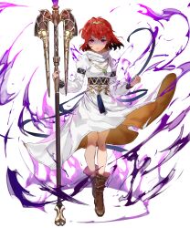 Rule 34 | 1girl, ankle boots, aura, boots, dark aura, detached sleeves, dress, fire emblem, fire emblem: mystery of the emblem, fire emblem heroes, full body, hairband, highres, holding, jewelry, long sleeves, looking at viewer, maria (fire emblem), mayo (becky2006), necklace, nintendo, non-web source, official art, red eyes, red hair, short hair, solo, staff, standing, transparent background, white dress