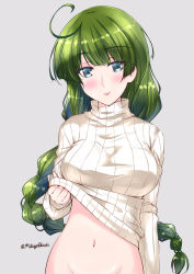 Rule 34 | 10s, 1girl, :p, ahoge, alternate costume, blue eyes, blush, braid, breasts, clothes lift, green hair, groin, kantai collection, lifted by self, long hair, long sleeves, mikage takashi, navel, simple background, single braid, solo, stomach, sweater, sweater lift, tongue, tongue out, turtleneck, turtleneck sweater, twitter username, very long hair, white background, white sweater, yuugumo (kancolle)