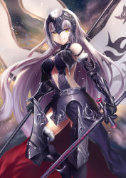 Rule 34 | 1girl, armor, bad id, bad pixiv id, bare shoulders, black gloves, black thighhighs, breasts, elbow gloves, fate/grand order, fate (series), gauntlets, gloves, greaves, grey hair, grin, heirou, helmet, holding, holding sword, holding weapon, jeanne d&#039;arc (fate), jeanne d&#039;arc alter (avenger) (fate), jeanne d&#039;arc alter (avenger) (third ascension) (fate), jeanne d&#039;arc alter (fate), long hair, looking at viewer, smile, solo, sword, thighhighs, very long hair, weapon, yellow eyes