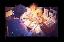 Rule 34 | 1boy, augustine sycamore, black border, black hair, book, border, charmander, collared shirt, commentary request, creatures (company), cup, fire, flame-tipped tail, game freak, gen 1 pokemon, glint, holding, holding book, kusuribe, male focus, nintendo, outside border, photo (object), pokemon, pokemon (creature), pokemon xy, popped collar, purple shirt, reading, shirt, signature, sitting, steam, table, teacup, tray