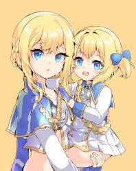 Rule 34 | 2girls, aye, azur lane, blonde hair, blue capelet, blue eyes, bow, braid, capelet, carrying, child, commentary request, crop top, dress, french braid, hair bow, highres, jewelry, little renown (azur lane), long hair, midriff, multiple girls, open mouth, renown (azur lane), ribbon, ring, shirt, short dress, short hair, side ponytail, simple background, smile, upper body, wedding band, white dress, white shirt, yellow background