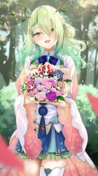 Rule 34 | absurdres, antlers, blue dress, bouquet, ceres fauna, ceres fauna (1st costume), chibi, commentary, cowboy shot, dress, earrings, english commentary, flower, forest, green hair, hair flower, hair ornament, hakos baelz, highres, holding, holding bouquet, holocouncil, hololive, hololive english, horns, irys (hololive), jewelry, layered dress, long hair, mole, mole under eye, nanashi mumei, nature, ouro kronii, outdoors, short dress, single thighhigh, smol baelz, smol irys, smol kronii, smol mumei, smol sana, tachibana yuu (shika), thighhighs, tsukumo sana, virtual youtuber, white dress, white thighhighs, yellow eyes, zettai ryouiki