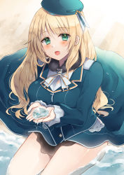 Rule 34 | 1girl, ascot, atago (kancolle), beach, beret, blonde hair, blue hat, blue jacket, blush, breasts, frilled sleeves, frills, from above, fur collar, green eyes, hat, hatomaru (hatomaru56), highres, jacket, kantai collection, large breasts, long hair, long sleeves, looking at viewer, looking up, military, military uniform, no gloves, no legwear, open mouth, partially submerged, sand, shirt, sitting, skirt, smile, solo, tailcoat, uniform, water, white ascot, white shirt