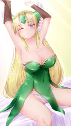 Rule 34 | 1girl, armpits, arms up, bed, blonde hair, blue eyes, breasts, cameltoe, cleavage, highres, large breasts, long hair, looking at viewer, one eye closed, panties, riesz, seiken densetsu, seiken densetsu 3, sitting, solo, tagme, underwear