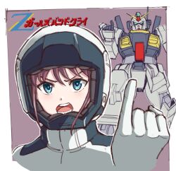 Rule 34 | 1girl, blue eyes, bodysuit, border, brown hair, commentary, copyright name, crossover, girls band cry, gloves, green eyes, gundam, gundam mk ii, hair between eyes, hand up, helmet, iseri nina, kin-san (sasuraiga), looking at viewer, mecha, mobile suit, normal suit, open mouth, outside border, pilot helmet, pilot suit, pinky out, radio antenna, robot, science fiction, space helmet, spacesuit, symbol-only commentary, teeth, tongue, v-fin, v-shaped eyebrows, white bodysuit, white border, white gloves, zeta gundam