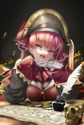 Rule 34 | 1girl, :d, absurdres, anno masato, black hat, breasts, cleavage, coin, dokuro-kun (houshou marine), gloves, gold coin, hair ribbon, hat, highres, hololive, houshou marine, houshou marine (1st costume), ink bottle, jacket, large breasts, long hair, long sleeves, map, open mouth, own hands clasped, own hands together, pirate hat, quill, red hair, red jacket, red ribbon, ribbon, see-through, see-through cleavage, smile, solo, twintails, upper body, virtual youtuber, white gloves