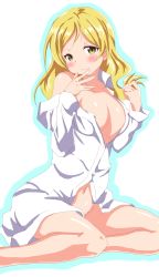 Rule 34 | 10s, 1girl, bad id, blonde hair, blush, breasts, cleavage, female focus, hoshino., mahou shoujo madoka magica, matching hair/eyes, naked shirt, navel, outline, shirt, simple background, smile, solo, tomoe mami, white background, white shirt, yellow eyes