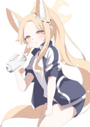 Rule 34 | 1girl, absurdres, alternate costume, alternate hairstyle, animal ears, blonde hair, blue archive, blush, buruma, cruciform halo, fox ears, halo, heavy breathing, highres, ponytail, seia (blue archive), simple background, solo, sweat, thighhighs, utyuueituu, white background, yellow eyes
