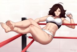 Rule 34 | 1girl, abs, ahoge, ass, bad id, bad tumblr id, barefoot, blush, boxing ring, breasts, brown eyes, brown hair, cleavage, closed mouth, feet, feet up, fingerless gloves, full body, large breasts, legs up, long hair, looking at viewer, lying, messy hair, midriff, mma gloves, muscular, muscular female, navel, on back, original, razalor, simple background, soles, solo, sports bikini, sports bra, stomach, thighs, toned, wavy hair