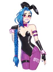 Rule 34 | 1girl, alternate costume, animal ears, bare shoulders, black leotard, blue hair, blushyspicy, braid, breasts, fake animal ears, fingerless gloves, gloves, highres, jinx (league of legends), league of legends, leotard, long hair, looking at viewer, pantyhose, playboy bunny, rabbit ears, smile, solo, strapless, strapless leotard, tattoo