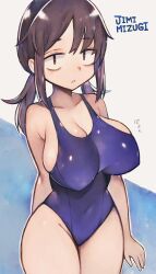 Rule 34 | 1girl, arm behind back, babayaga 13lood, black hair, blush, breasts, brown eyes, brown hair, cleavage, covered navel, highres, jimiko, large breasts, looking at viewer, low twintails, one-piece swimsuit, original, parted lips, sidelocks, simple background, skin tight, solo, swimsuit, twintails