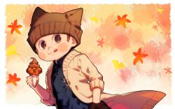 Rule 34 | 1boy, :3, :p, adapted costume, alternate costume, animal ear headwear, animal ears, autumn leaves, beanie, black eyes, black hat, black pants, blue shirt, blush stickers, border, brown hair, cat ears, chain, closed mouth, collared shirt, commentary request, cowboy shot, cuffs, danganronpa (series), danganronpa v3: killing harmony, fake animal ears, food, hand in pocket, handcuffs, hat, holding, holding food, holding ice cream, holding ice cream cone, hoshi ryoma, ice cream, ice cream cone, jacket, kogarashi 8, long sleeves, male focus, open clothes, open jacket, orange background, pants, partial commentary, shirt, short hair, simple background, sleeves past elbows, smile, solo, sweater jacket, tongue, tongue out, very short hair, white border, yellow jacket, yellow sleeves, zipper pull tab