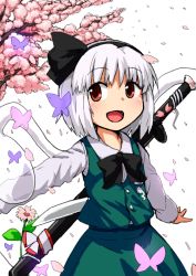 Rule 34 | 1girl, :d, bad id, bad pixiv id, bow, bowtie, branch, bug, butterfly, cheery tree, cherry blossoms, dai-erie, flower, gerijita, hair bow, hairband, happy, insect, katana, konpaku youmu, konpaku youmu (ghost), long sleeves, looking at viewer, open mouth, outstretched arms, petals, sheath, sheathed, short hair, silver hair, simple background, skirt, skirt set, smile, solo, spread arms, sword, touhou, weapon, white background
