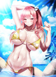 Rule 34 | 1girl, armpits, arms up, azur lane, bare arms, bikini, breasts, clothes pull, collarbone, commentary request, cowboy shot, dead or alive, dead or alive xtreme, female focus, hair ornament, highres, honoka (doa), honoka (summer angel on the shore) (doa), large breasts, lens flare, looking at viewer, medium hair, navel, ocean, one-piece swimsuit pull, outdoors, palm tree, parted lips, partially submerged, pink hair, print bikini, red eyes, rock, skindentation, skull hair ornament, solo, standing, sunlight, swimsuit, teeth, thighs, tree, underboob, wading, wet, yellow bikini, yuuzuki hijiri