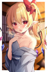Rule 34 | 1girl, bare shoulders, blonde hair, bow, breasts, breath, collarbone, fang, flandre scarlet, hair between eyes, hair bow, highres, indoors, japanese clothes, kimono, looking at viewer, miy@, obi, off shoulder, parted lips, pointy ears, red bow, red eyes, sash, side ponytail, signature, small breasts, solo, sweat, touhou, upper body, wings, yukata