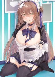 Rule 34 | 1girl, aaoshigatoutoi, absurdres, alternate costume, asuna (blue archive), asuna (blue archive) (cosplay), between breasts, between legs, blush, bow, breasts, brown hair, choker, cleavage, cosplay, enmaided, garter straps, girls&#039; frontline, gloves, green eyes, hair between eyes, hand between legs, high heels, highres, indoors, kneeling, large breasts, long hair, looking at viewer, maid, maid headdress, parted lips, smile, solo, springfield (girls&#039; frontline), thighhighs, two-tone dress, very long hair, white gloves, zettai ryouiki