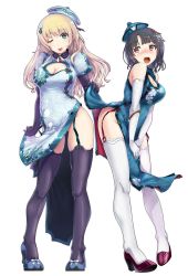 Rule 34 | 10s, 2girls, :o, ;p, alternate costume, atago (kancolle), bad id, bad twitter id, bare shoulders, black gloves, black hair, black legwear, blonde hair, blush, breasts, china dress, chinese clothes, cleavage, cleavage cutout, clothing cutout, dress, elbow gloves, garter straps, gloves, green eyes, hat, hi-ho-, high heels, highres, kantai collection, large breasts, long hair, looking at viewer, multiple girls, no panties, one eye closed, open mouth, pelvic curtain, puffy sleeves, red eyes, short hair, side slit, takao (kancolle), thighhighs, tongue, tongue out, white gloves, white legwear