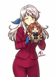 Rule 34 | 1girl, alternate costume, blue gloves, character doll, commission, cowboy shot, doll, fingerless gloves, fire emblem, fire emblem: radiant dawn, fire emblem heroes, gloves, grey hair, hair ribbon, half updo, highres, holding, holding doll, kiran (fire emblem), long hair, long sleeves, looking at viewer, micaiah (fire emblem), nintendo, one eye closed, pajamas, red pajamas, ribbon, rotomdocs, signature, simple background, smile, solo, twitter username, white background, yellow eyes