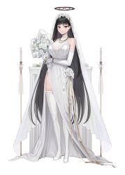 Rule 34 | 1girl, absurdres, bare shoulders, black hair, blue archive, blunt bangs, blush, bouquet, bracelet, breasts, candle, candlestand, choker, closed mouth, commentary, dangle earrings, dress, earrings, elbow gloves, flower, flower ornament, full body, gloves, goback, halo, high heels, highres, holding, holding bouquet, jewelry, lace, lace-trimmed choker, lace-trimmed dress, lace-trimmed gloves, lace trim, large breasts, legs, long hair, long legs, looking at viewer, mole, mole on breast, necklace, panties, red eyes, rio (blue archive), side-tie panties, side slit, solo, standing, thighhighs, thighs, underwear, veil, very long hair, white background, white dress, white flower, white footwear, white gloves, white thighhighs