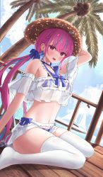 Rule 34 | 1girl, absurdres, ahoge, arm up, bare shoulders, bikini, bikini skirt, bikini under clothes, blue bikini, blue choker, bow, braid, choker, crop top, crop top overhang, daran9, day, earrings, frilled bikini, frills, hair bow, hat, highres, hololive, jewelry, long hair, looking at viewer, midriff, minato aqua, multicolored hair, navel, no shoes, off shoulder, open mouth, outdoors, pink hair, purple eyes, see-through, see-through silhouette, smile, solo, stomach, straw hat, streaked hair, string bikini, swimsuit, thighhighs, thighs, two-tone hair, very long hair, virtual youtuber, white thighhighs