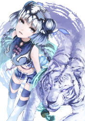 Rule 34 | 1girl, blue shorts, braid, haku (p&amp;d), looking at viewer, midriff, multicolored hair, navel, open mouth, puzzle &amp; dragons, shorts, solo, thighhighs, tiger, white hair, yuuichi (4561643)