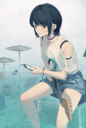 Rule 34 | 1girl, 7ife, absurdres, bad id, bad pixiv id, black choker, black eyes, black hair, bra strap, bracelet, chair, choker, chromatic aberration, clothing cutout, commentary, cross, cross earrings, cymbals, denim, denim shorts, earrings, electric guitar, english commentary, food in mouth, guitar, highres, holding, holding instrument, holding phone, instrument, jewelry, looking at viewer, original, phone, popsicle stick, shirt, short hair, short sleeves, shorts, shoulder cutout, sitting, solo, t-shirt, wading, water, white shirt