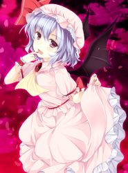 Rule 34 | 1girl, ajiriko, ascot, bad id, bad pixiv id, bat wings, blue eyes, brooch, dress, fang, finger to mouth, hat, hat ribbon, jewelry, looking at viewer, mob cap, open mouth, pink dress, pink eyes, puffy short sleeves, puffy sleeves, remilia scarlet, ribbon, short sleeves, smile, solo, touhou, wings, wrist cuffs
