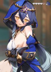 Rule 34 | 1girl, absurdres, armpit crease, bags under eyes, bare shoulders, black gloves, blue hair, blue hood, blue sleeves, blurry, blurry background, blush, breasts, bright pupils, circlet, claw ring, commentary request, detached sleeves, drill hair, drill sidelocks, genshin impact, gloves, gold choker, gold trim, grabbing own breast, highres, holding, holding paper, hood, hood up, itohana, jewelry, layla (genshin impact), medium breasts, neck ring, paper, pointy ears, puffy detached sleeves, puffy sleeves, shirt, sideboob, sidelocks, sleeveless, sleeveless shirt, sweat, sweatdrop, twin drills, white pupils, white shirt, yellow eyes