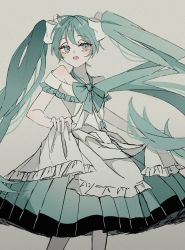 Rule 34 | 1girl, aqua bow, aqua eyes, aqua hair, aqua skirt, bare shoulders, bow, dress, dress bow, frilled dress, frills, hair between eyes, hair ribbon, half-closed eyes, hatsune miku, highres, hitobashira alice (vocaloid), limited palette, long hair, looking at viewer, maca1227, monochrome, muted color, open mouth, pale skin, ribbon, skinny, skirt, skirt hold, solo, twintails, very long hair, vocaloid, white dress