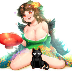 Rule 34 | 1boy, alcohol, alternate costume, animal, areola slip, bare shoulders, bird wings, black wings, bow, breasts, brown hair, cat, cleavage, collarbone, commentary request, cup, drink, drooling, drunk, floral print, flower, full body, hair bow, hair flower, hair ornament, hand up, heart, holding, holding cup, huge breasts, japanese clothes, kaenbyou rin, kaenbyou rin (cat), kimono, large breasts, long hair, looking at viewer, looking to the side, multiple tails, off shoulder, open mouth, parted bangs, print kimono, red eyes, reiuji utsuho, sakazuki, sake, sitting, smile, spilling, spread legs, sweat, tail, touhou, two tails, very long hair, wariza, wet, wings, yonaki