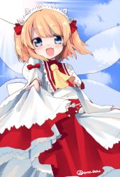 Rule 34 | 1girl, ascot, blonde hair, blue eyes, blue sky, blush, bow, clothes lift, day, fairy wings, hair bow, headdress, miiiiiiii, open mouth, skirt, skirt lift, sky, solo, sunlight, sunny milk, touhou, twintails, twitter username, wings