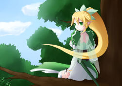 Rule 34 | 10s, 1girl, ass, back, blonde hair, bracelet, breasts, clenched hand, elf, fairy wings, from behind, green eyes, highres, huge ass, jewelry, leafa, long hair, looking at viewer, looking back, mimelex, pointy ears, ponytail, puffy sleeves, sheath, sheathed, shorts, sideboob, sitting, skirt, smile, smirk, sword, sword art online, tree, weapon, wings