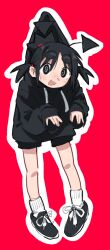 Rule 34 | 1girl, :3, @ @, antennae, black eyes, black footwear, black hair, black hoodie, black shorts, carrying, carrying person, full body, hood, hoodie, huge eyebrows, ime-chan (ime44), jean bomjan, light blush, looking at viewer, open mouth, original, outline, red background, shoes, short hair, short twintails, shorts, sidelocks, simple background, sleeves past wrists, socks, solo, twintails, white outline, white socks