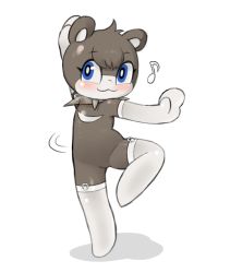 Rule 34 | 1girl, :3, animal ears, arm up, bear ears, blue eyes, blush, brown fur, collar, elbow gloves, female focus, full body, fur, furry, furry female, gloves, leg up, looking at viewer, motion lines, musical note, original, simple background, solo, spiked collar, spikes, standing, standing on one leg, thighhighs, thighs, tosx, white background, white fur, white gloves, white thighhighs